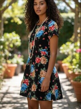 Forever 21 Dress Full of Roses Size L Spring Summer Office Casual Colorful Short